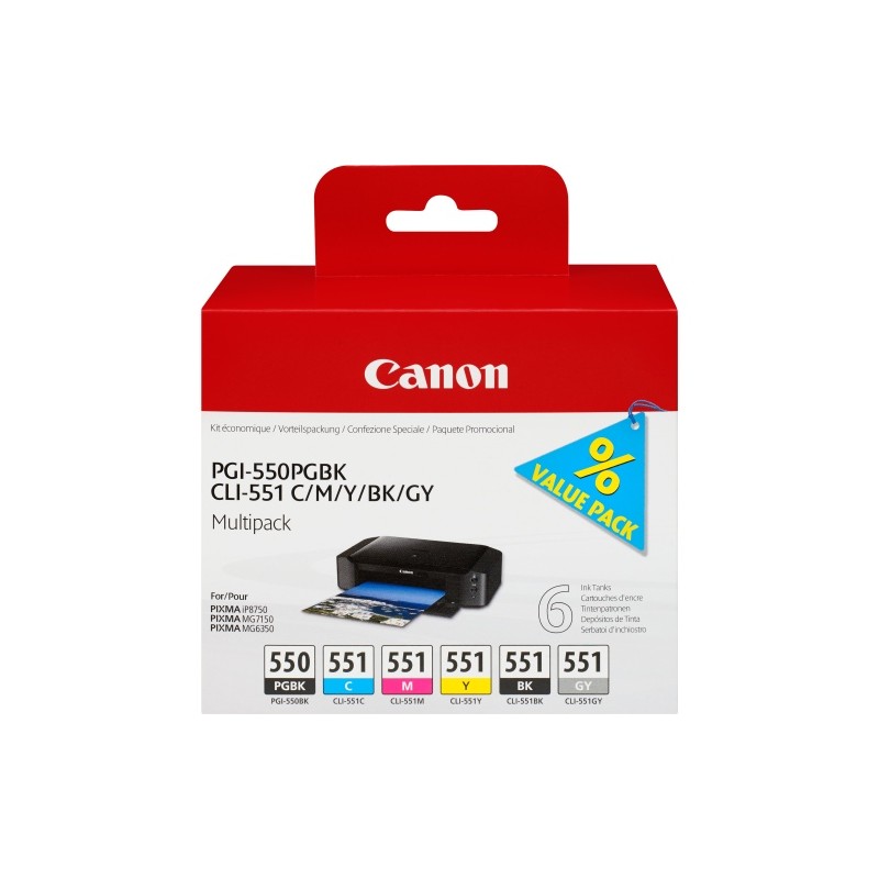 Canon PGI-550/CLI-551 (6496B005) 6 kasečių komplektas rašaliniams spausdintuvams, PGBK/C/M/Y/BK/GY