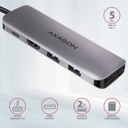 USB šakotuvas AXAGON HMC-5 2x USB-A, HDMI, SD/microSD, USB 3.2 Gen 1 hub, PD 100W, 20cm USB-C cable