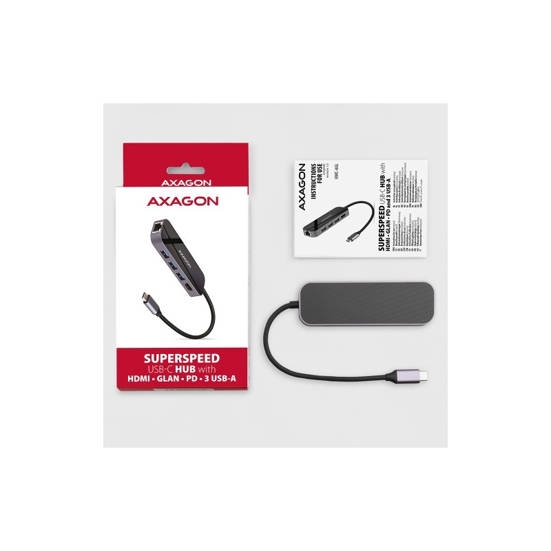 USB šakotuvas AXAGON HMC-6GL 3x USB-A, HDMI, RJ-45, USB 3.2 Gen 1 hub, PD 100W, 20cm USB-C cable