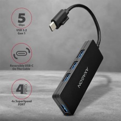 USB šakotuvas AXAGON HUE-G1C 4x USB3.2 Gen 1 SLIM hub w. 14cm USB Type-C cable