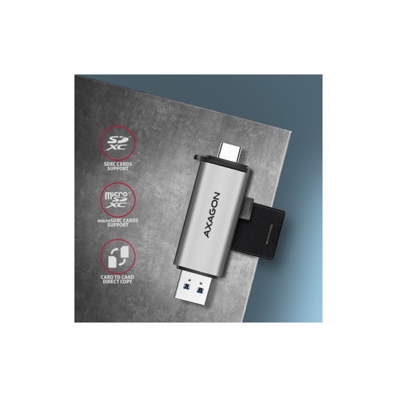 Kortelių skaitytuvas AXAGON CRE-SAC External USB 3.2 Gen1 Type-C+Type-A 2-slot SD/microSD