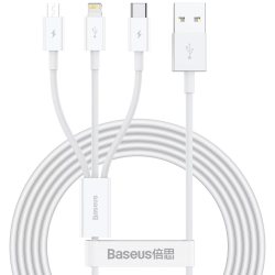 Kabelis Baseus Superior, iš USB į microUSB+Lightning+Type-C, 3.5A, 1.5m, baltas, CAMLTYS-02