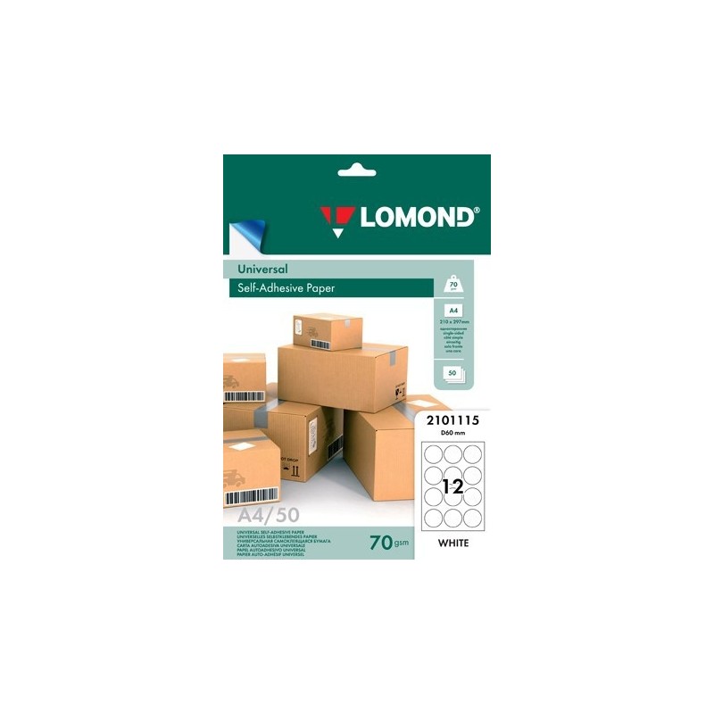 Lipnus popierius lipdukams Lomond Self-Adhesive Universal Labels, 12x d-60mm, A4, 50 lapų, Balta