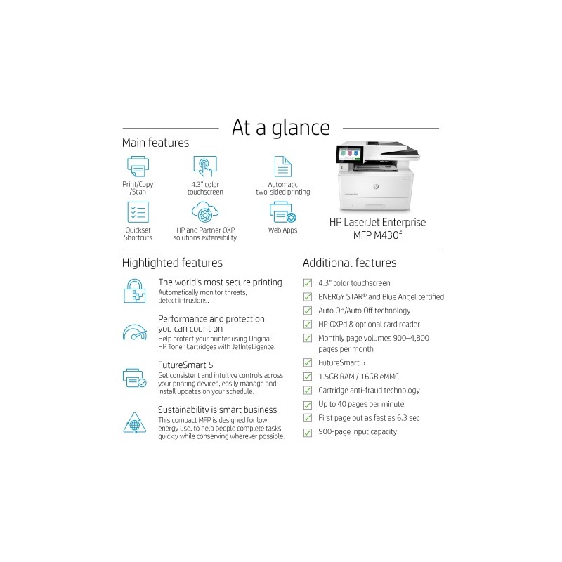 HP LaserJet Enterprise MFP M430f Spausdintuvas lazerinis B/W A4 40 ppm 33.6 Kbps USB Ethernet LAN