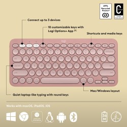 Logitech Pebble Keys 2 K380s Belaidė klaviatūra, RF Wireless+Bluetooth, US INT, Tonal Rose