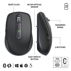 Logitech MX Anywhere 3S for Business Belaidė pelė, RF Wireless + Bluetooth, 8000 DPI, Graphite