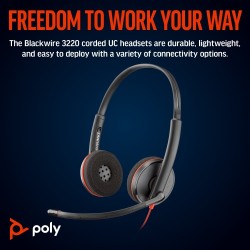 Poly Blackwire 3220 Stereo Laidinės ausinės, USB-C, USB-C/A Adapter, Juoda