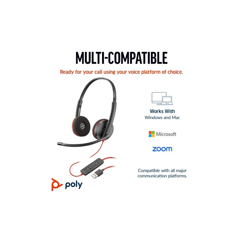 Poly Blackwire 3220 Stereo Laidinės ausinės, USB-C, USB-C/A Adapter, Juoda