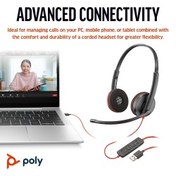 Poly Blackwire 3220 Stereo Laidinės ausinės, USB-C, USB-C/A Adapter, Juoda