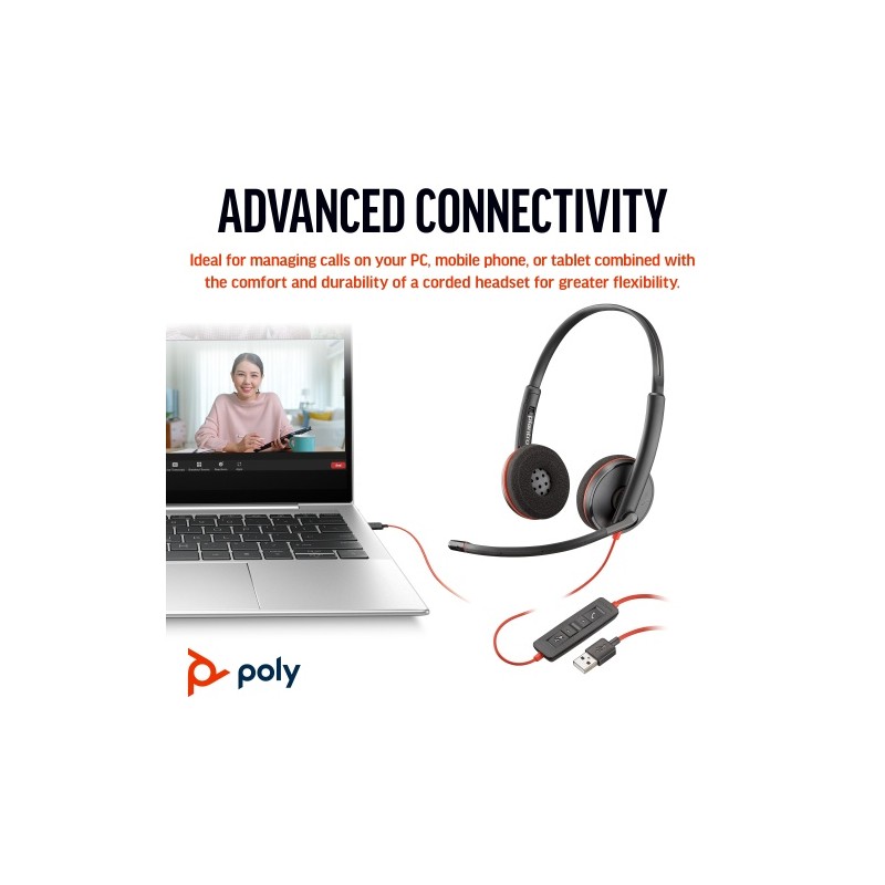 Poly Blackwire 3220 Stereo Laidinės ausinės, USB-C, USB-C/A Adapter, Juoda