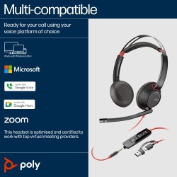 Poly Blackwire 5220 Stereo Laidinės ausinės, USB-C, 3.5mm, USB-C/A Adapter (Bulk), Juoda