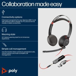 Poly Blackwire 5220 Stereo Laidinės ausinės, USB-C, 3.5mm, USB-C/A Adapter (Bulk), Juoda