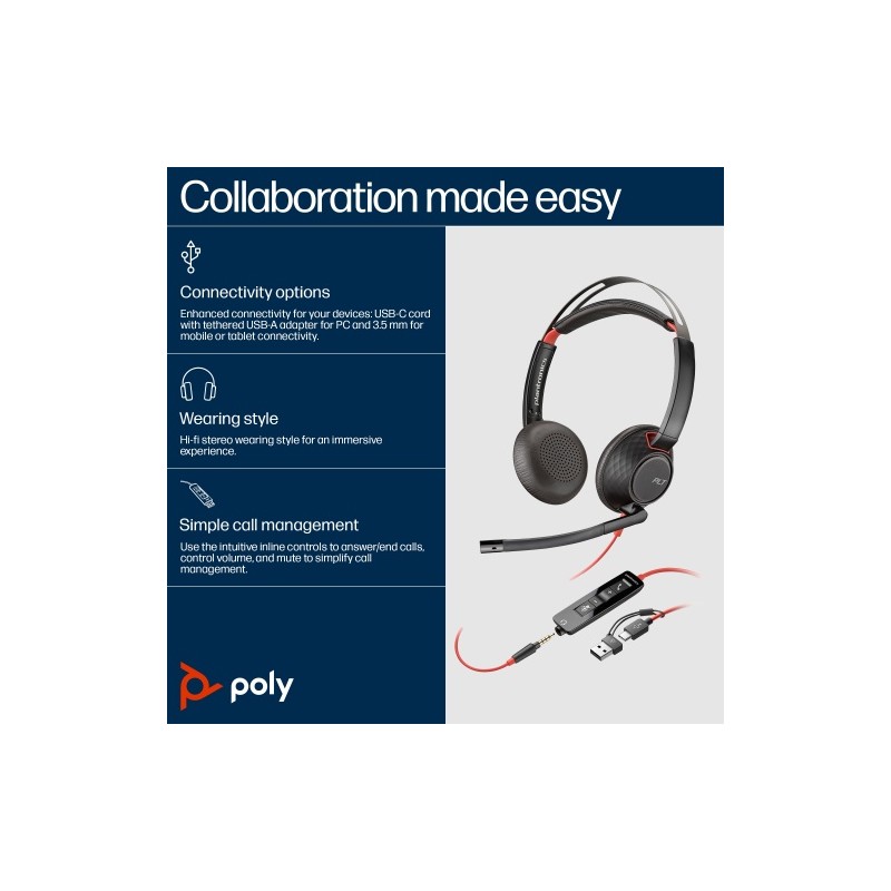 Poly Blackwire 5220 Stereo Laidinės ausinės, USB-C, 3.5mm, USB-C/A Adapter (Bulk), Juoda