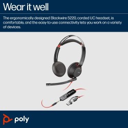 Poly Blackwire 5220 Stereo Laidinės ausinės, USB-C, 3.5mm, USB-C/A Adapter (Bulk), Juoda