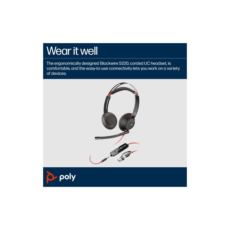 Poly Blackwire 5220 Stereo Laidinės ausinės, USB-C, 3.5mm, USB-C/A Adapter (Bulk), Juoda