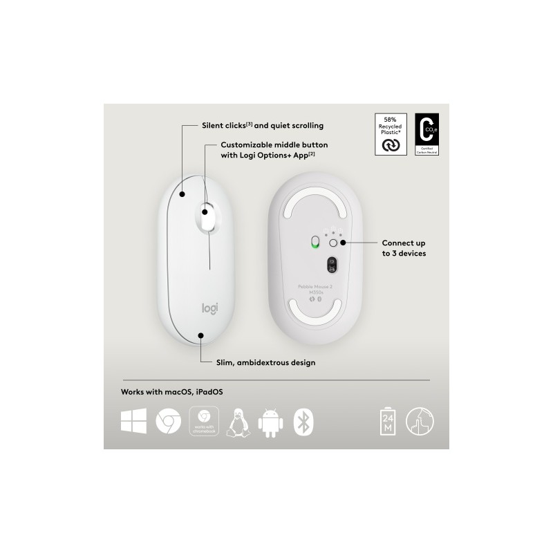 Logitech Pebble 2 M350s Belaidė pelė, RF Wireless + Bluetooth, 4000 DPI, Tonal White