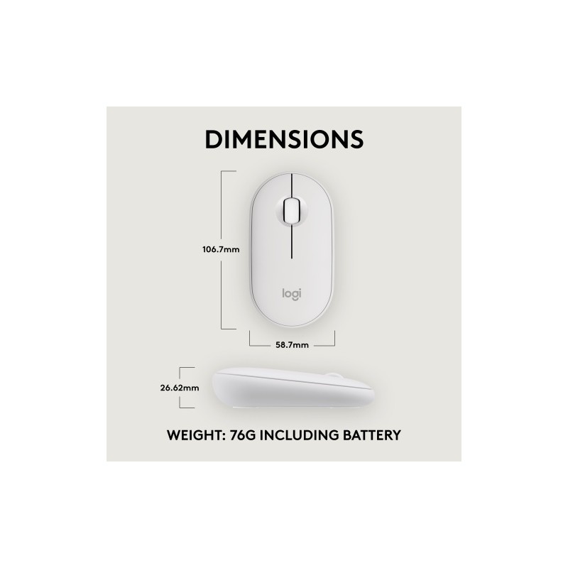 Logitech Pebble 2 M350s Belaidė pelė, RF Wireless + Bluetooth, 4000 DPI, Tonal White