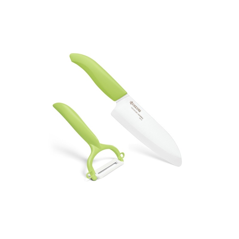 Kyocera FK140CP10NGR SANTOKU KNIFE & PEELER Rinkinys, peilis (14 cm ašmenys) ir skustukas, Žalia