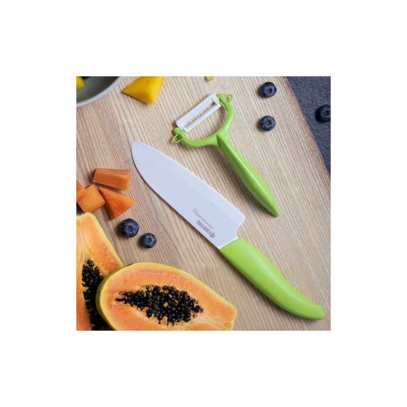 Kyocera FK140CP10NGR SANTOKU KNIFE & PEELER Rinkinys, peilis (14 cm ašmenys) ir skustukas, Žalia