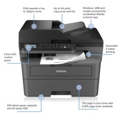 Brother MFC-L2800DW Spausdintuvas lazerinis nespalvotas MFP A4 32 ppm Wi-Fi Ethernet LAN USB (SPEC)