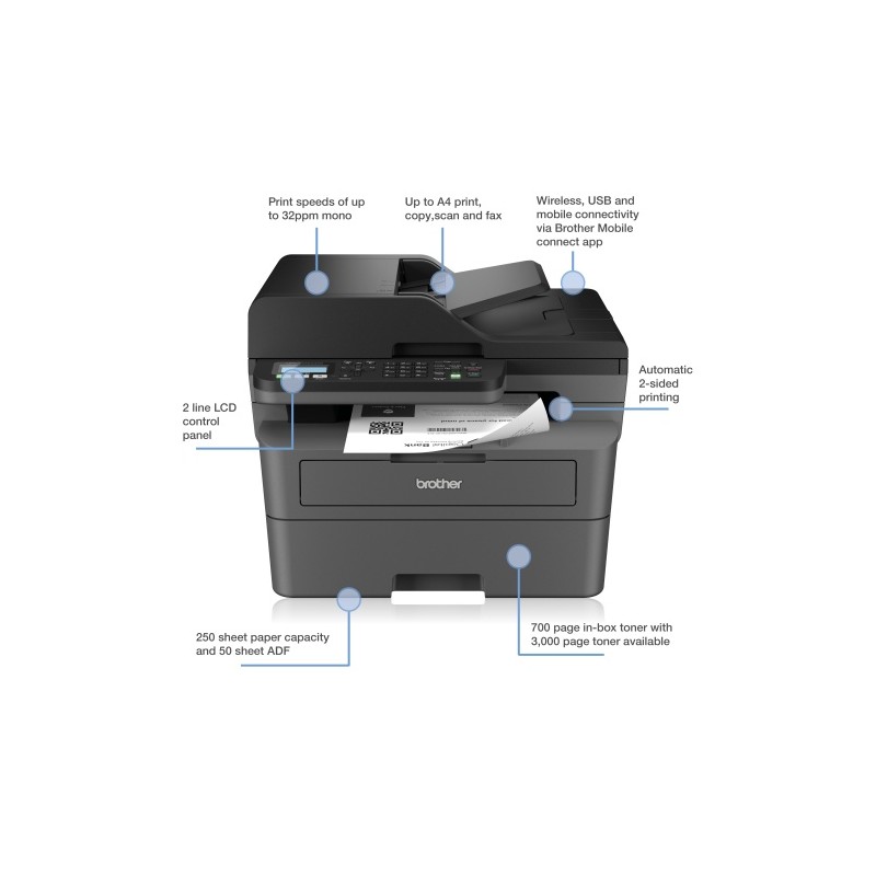 Brother MFC-L2800DW Spausdintuvas lazerinis nespalvotas MFP A4 32 ppm Wi-Fi Ethernet LAN USB (SPEC)