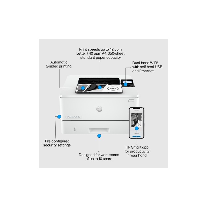 HP LaserJet Pro 4002dw Spausdintuvas lazerinis nespalvotas A4 40ppm USB Wi-Fi Ethernet LAN Bluetooth