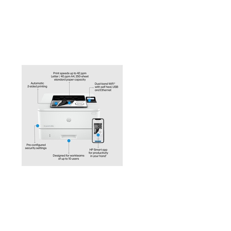 HP LaserJet Pro 4002dw Spausdintuvas lazerinis nespalvotas A4 40ppm USB Wi-Fi Ethernet LAN Bluetooth
