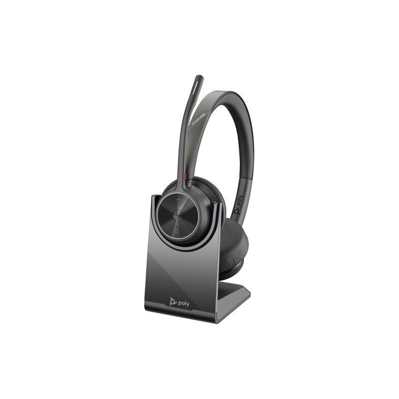 Poly Voyager 4320 MS Teams Belaidės ausinės, Bluetooth, USB-C, +BT700 dongle, +Charging Stand, Juoda