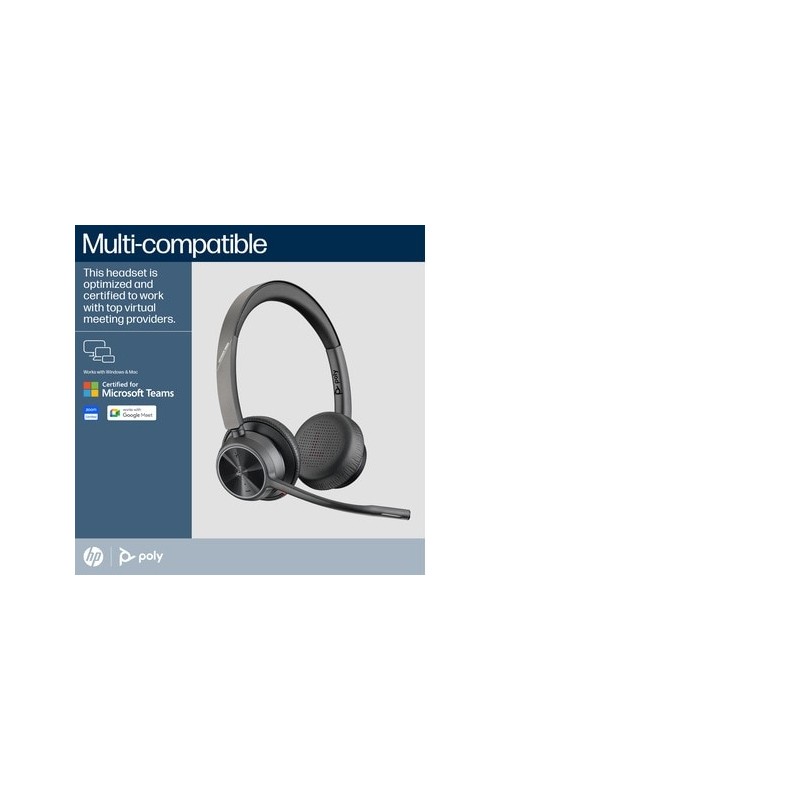 Poly Voyager 4320 MS Teams Belaidės ausinės, Bluetooth, USB-C, +BT700 dongle, +Charging Stand, Juoda
