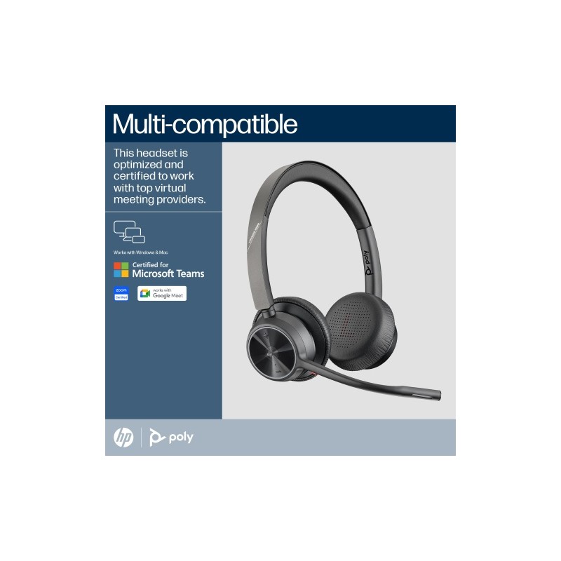 Poly Voyager 4320 MS Teams Belaidės ausinės, Bluetooth, USB-C, +BT700 dongle, +Charging Stand, Juoda
