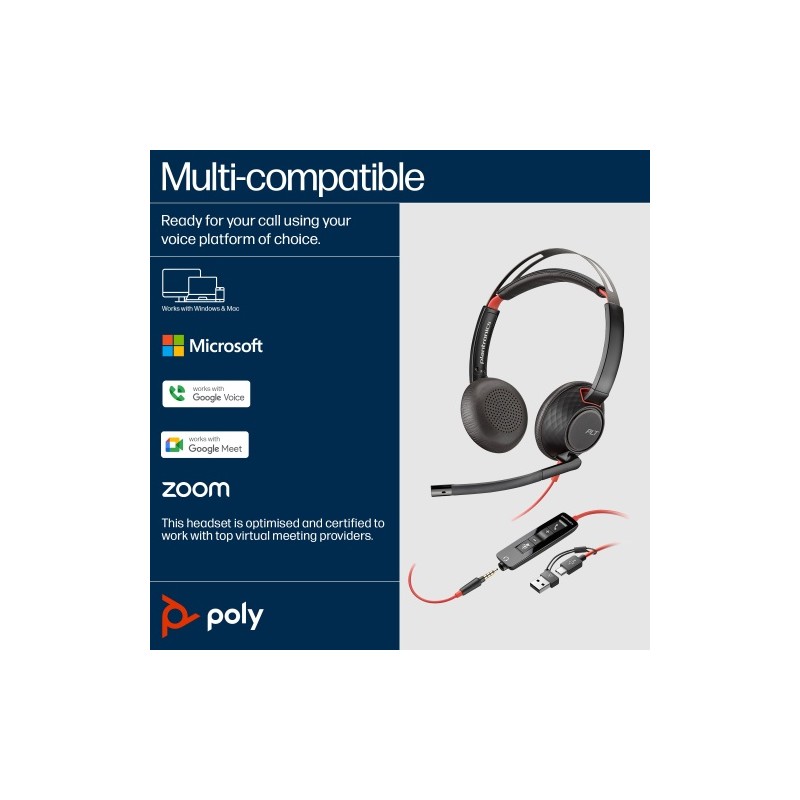 Poly Blackwire 5220 Stereo Laidinės ausinės, USB-C, 3.5mm, USB-C/A Adapter, Juoda