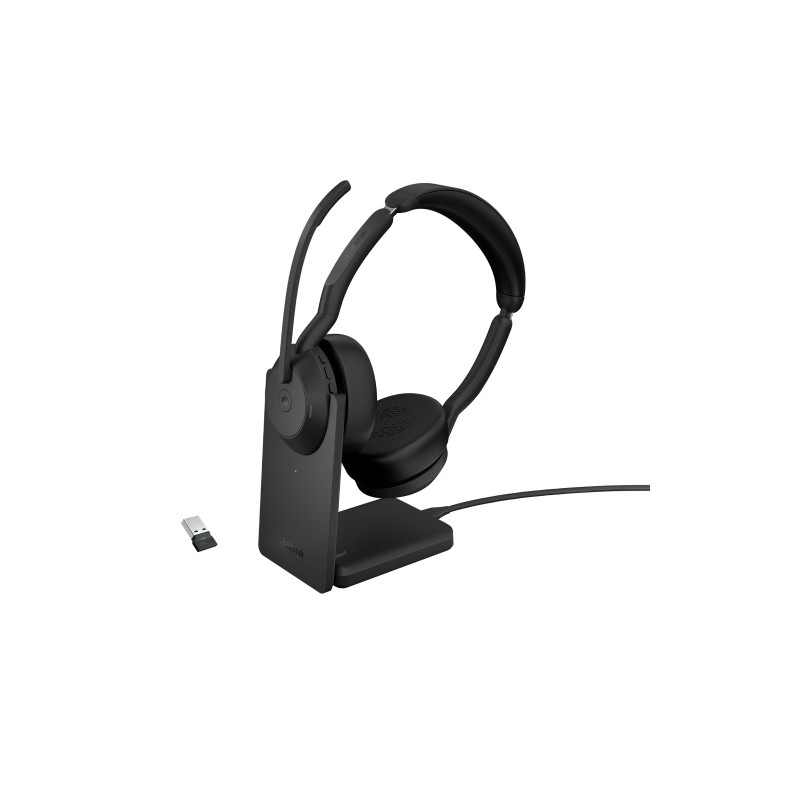 Jabra Evolve2 55 MS Stereo Link380a Belaidės ausinės Bluetooth USB-A, Charging Stand, Juoda
