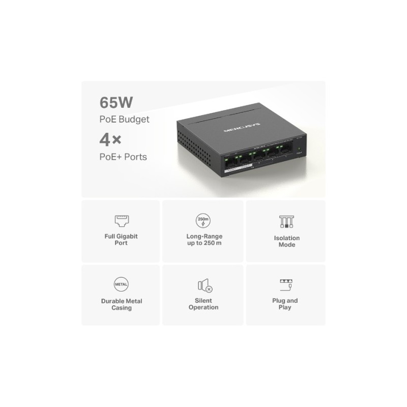 Mercusys MS105GP 5-Port Gigabit Desktop Šakotuvas su 4-Port PoE+