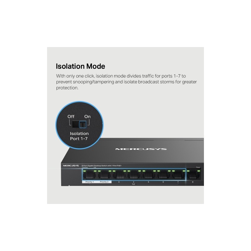 Mercusys MS108GP 8-Port Gigabit Desktop Šakotuvas su 7-Port PoE+