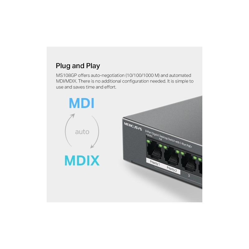 Mercusys MS108GP 8-Port Gigabit Desktop Šakotuvas su 7-Port PoE+