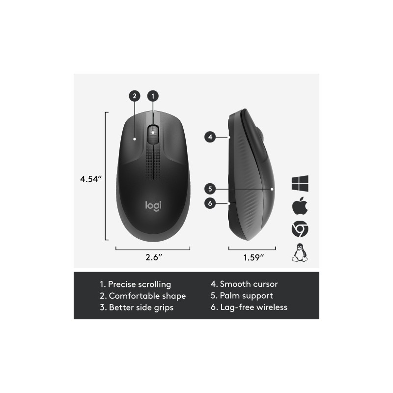 Logitech M190 Full-Size Belaidė pelė, RF Wireless, 1000 DPI, Charcoal (SPEC)