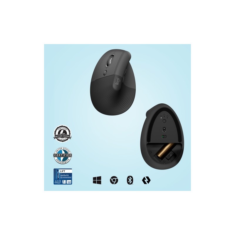 Logitech LIFT Left Belaidė pelė, RF Wireless + Bluetooth, 4000 DPI, Graphite (SPEC)