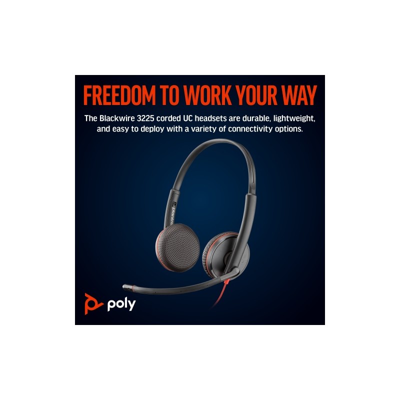 POLY Blackwire 3225 Stereo Laidinės ausinės USB-C, 3.5mm jack, +USB-C/A Adapter (Bulk)