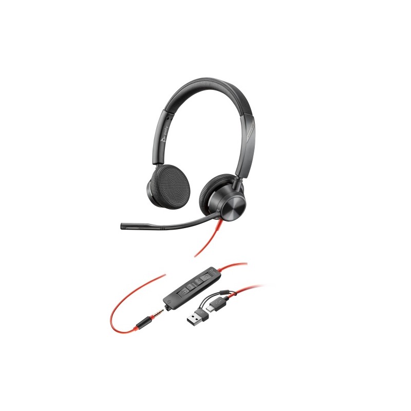 POLY Blackwire 3325 Stereo Laidinės ausinės, 3.5mm jack, USB-C/A Adapter, Juoda