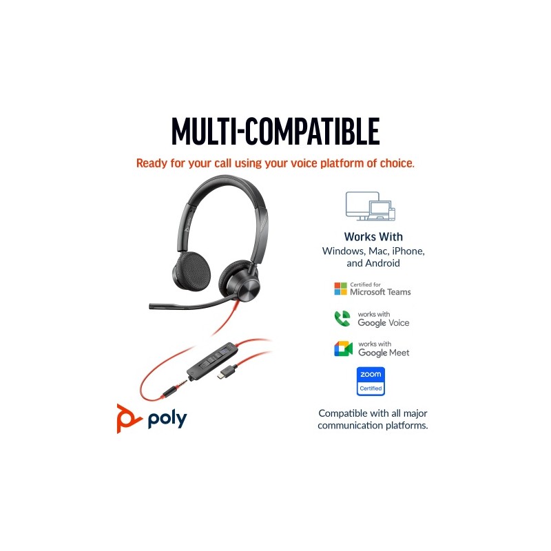 POLY Blackwire 3325 Stereo Laidinės ausinės, 3.5mm jack, USB-C/A Adapter, Juoda