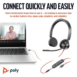 POLY Blackwire 3325 Stereo Laidinės ausinės, 3.5mm jack, USB-C/A Adapter, Juoda