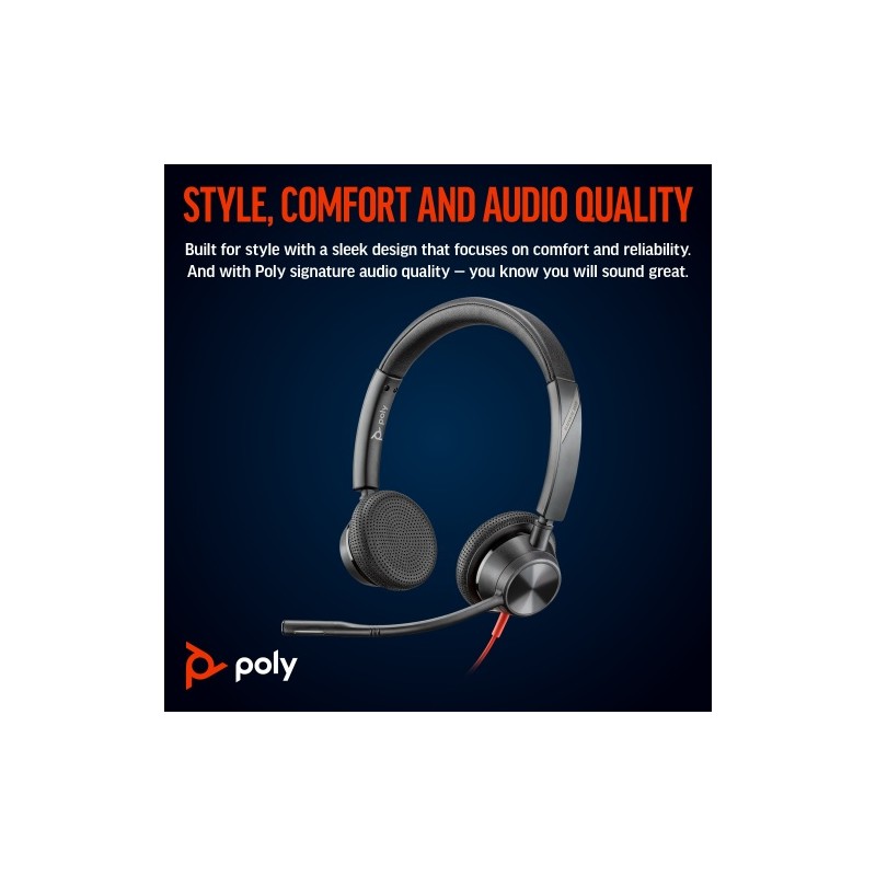 POLY Blackwire 3325 Stereo Laidinės ausinės, 3.5mm jack, USB-C/A Adapter, Juoda