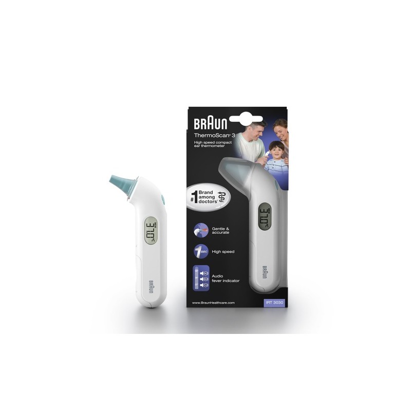 Braun ThermoScan 3 IRT 3030 Ausies Termometras, Sidabrinė/Balta