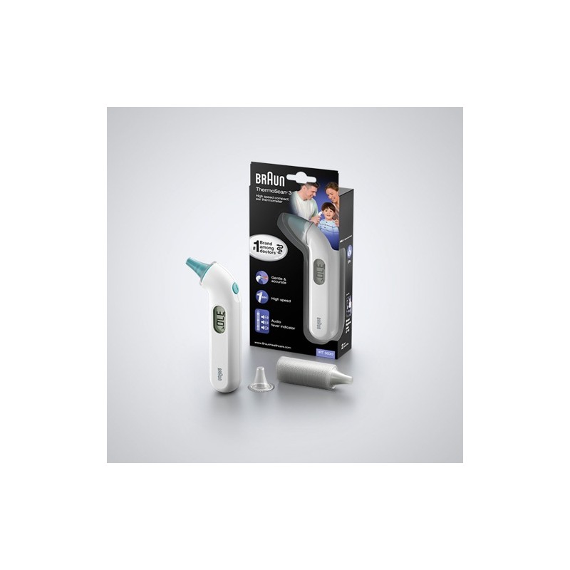 Braun ThermoScan 3 IRT 3030 Ausies Termometras, Sidabrinė/Balta