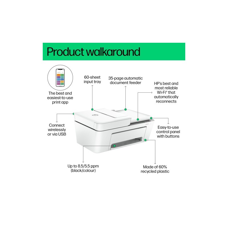 HP DeskJet 4220e All-in-One Spausdintuvas rašalinis spalvotas MFP A4 8.5 ppm USB Wi-Fi BT (SPEC)
