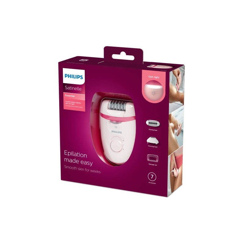Philips Satinelle Essential BRE285/00 Kompaktiškas laidinis epiliatorius, Rausva
