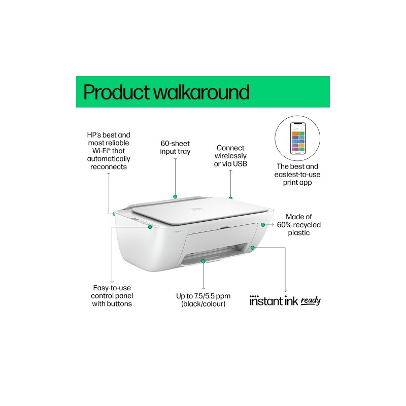 HP DeskJet 2810e All-in-One Spausdintuvas rašalinis spalvotas MFP A4 7.5 ppm USB Wi-Fi (SPEC)