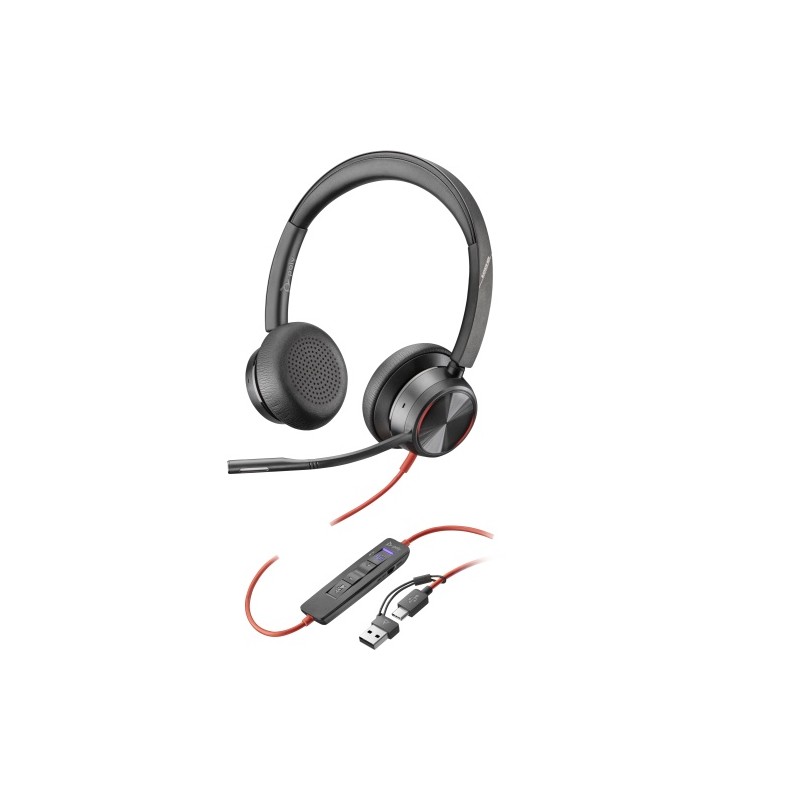 POLY Blackwire 8225 Stereo MS Teams Laidinės ausinės, USB-C/A Adapter, Juoda