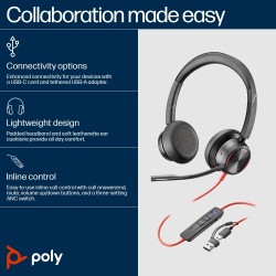 POLY Blackwire 8225 Stereo MS Teams Laidinės ausinės, USB-C/A Adapter, Juoda