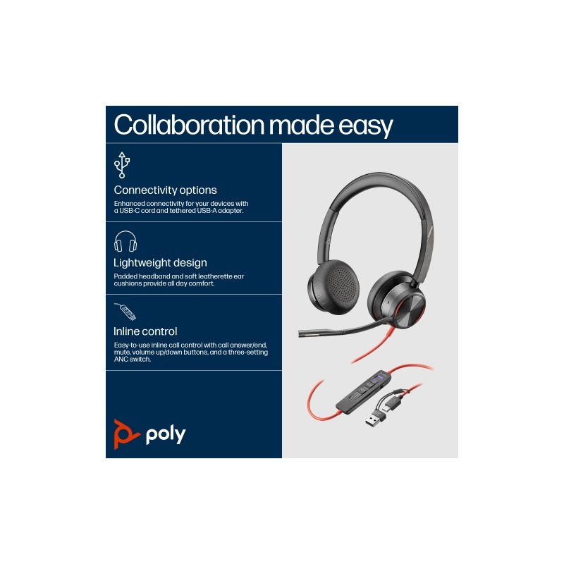 POLY Blackwire 8225 Stereo MS Teams Laidinės ausinės, USB-C/A Adapter, Juoda